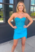 Load image into Gallery viewer, Sparkly Fuchsia Bodycon Strapless Corset Beaded Short Prom Dress with Appliques