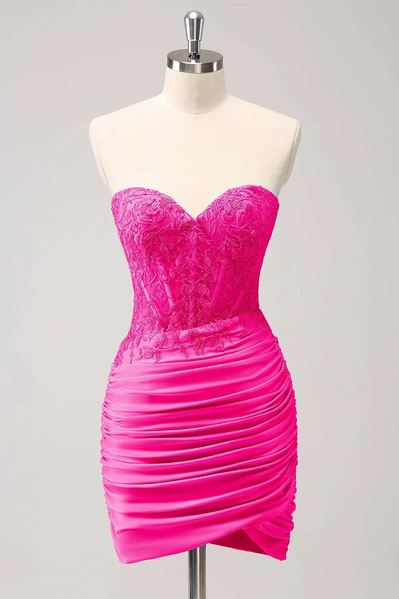 Load image into Gallery viewer, Sparkly Fuchsia Bodycon Strapless Corset Beaded Short Prom Dress with Appliques