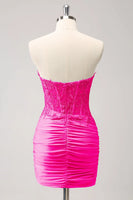 Load image into Gallery viewer, Sparkly Fuchsia Bodycon Strapless Corset Beaded Short Prom Dress with Appliques