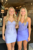 Load image into Gallery viewer, Sparkly Fuchsia Bodycon Strapless Corset Beaded Short Prom Dress with Appliques