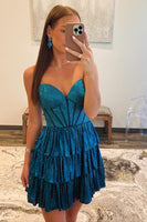 Load image into Gallery viewer, Glitter Peacock Blue A-Line Beaded Sweetheart Tiered Party Dress