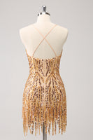 Load image into Gallery viewer, Glitter Hot Pink Sequined Tight V Neck Short Prom Dress with Tassels
