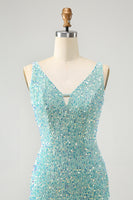 Load image into Gallery viewer, Sparkly Sage Bodycon V Neck Short Prom Dress with Tassels