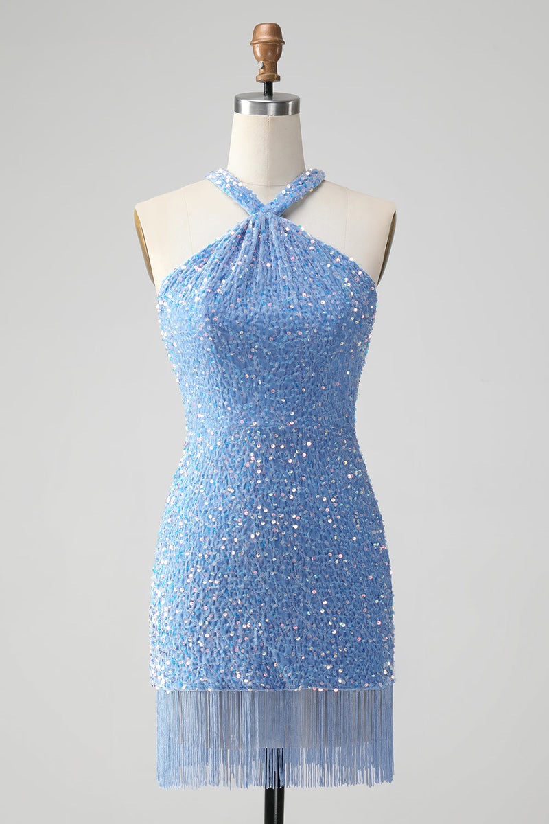 Load image into Gallery viewer, Sparkly Royal Blue Bodycon Halter Sequin Party Dress with Tassel