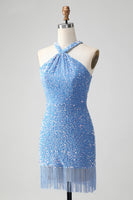 Load image into Gallery viewer, Sparkly Royal Blue Bodycon Halter Sequin Party Dress with Tassel
