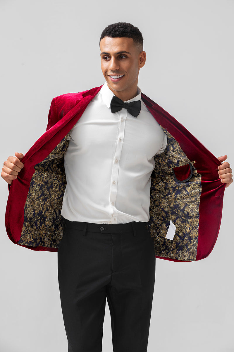 Load image into Gallery viewer, Burgundy Notched Lapel Velvet Men's Prom Blazer