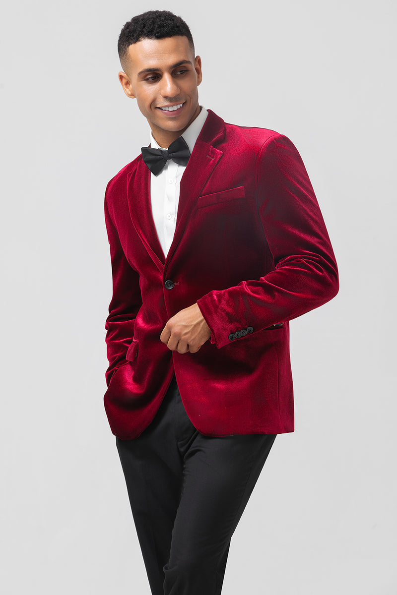 Load image into Gallery viewer, Burgundy Notched Lapel Velvet Men's Prom Blazer