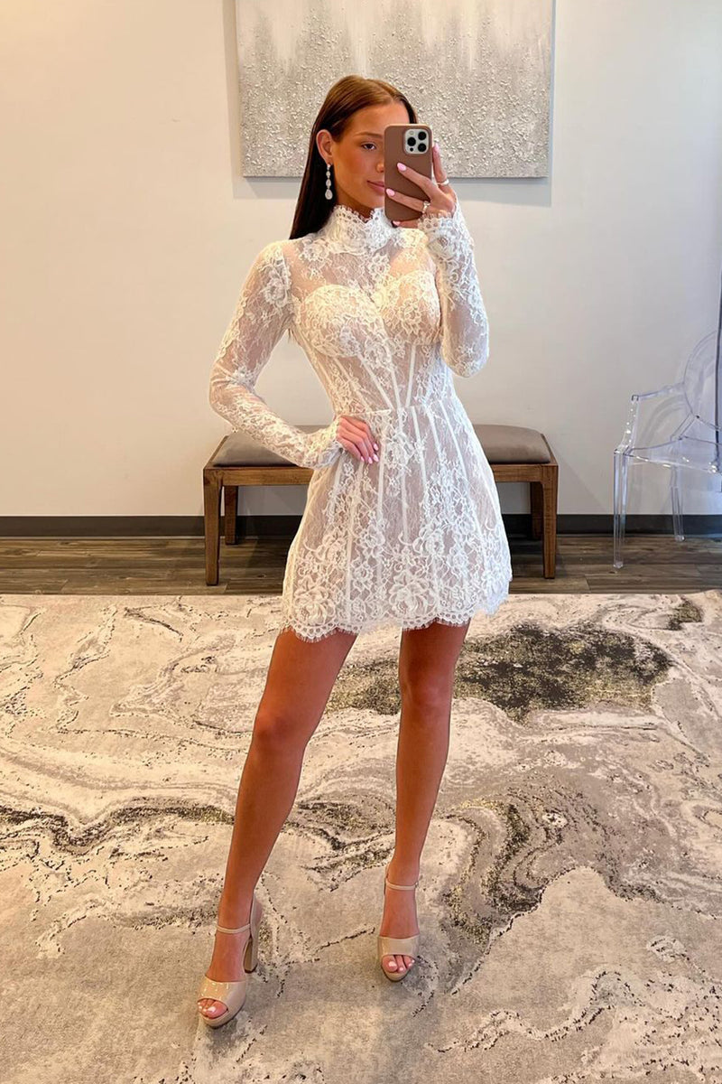 Queendancer Women White A-Line Short Prom Dress High Neck Long Sleeves Lace Corset Cocktail Dress queendanceruk Queendancer Women White A-Line Short Prom Dress High Neck Long Sleeves Lace Corset Cocktail Dress queendanceruk