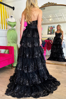 Sparkly Black Tiered Long Strapless Prom Dress with Bow