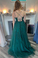 Load image into Gallery viewer, Dark Green A-Line Spaghetti Straps Tulle Long Prom Dress with Appliques