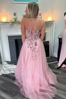 Load image into Gallery viewer, Sparkly Pink A-Line One Shoulder Corset Tulle Long Prom Dress with Appliques
