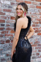 Load image into Gallery viewer, Sparkly Black Mermaid Feathered One Shoulder Sequins Long Prom Dress with Slit