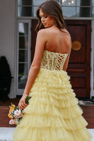Load image into Gallery viewer, Sparkly Yellow A-Line Strapless Corset Tiered Long Prom Dress with Appliques