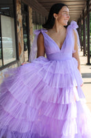 Load image into Gallery viewer, Lilac A-Line V Neck Tiered Tulle Long Prom Dress with Slit