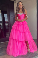 Load image into Gallery viewer, Sparkly Fuchsia Beaded Corset Long Prom Dress with Slit