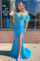 Load image into Gallery viewer, Sparkly Blue Corset Long Sequins Prom Dress with Feathers