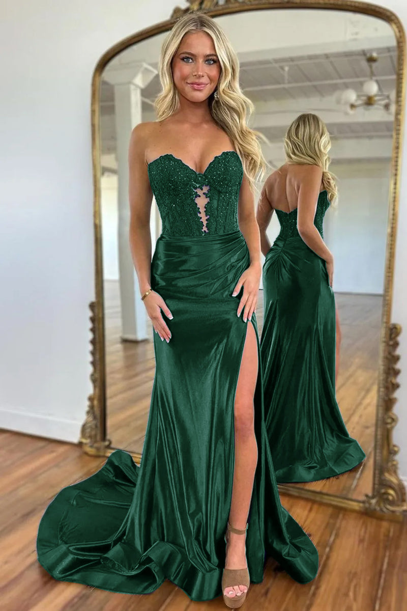 Load image into Gallery viewer, Sparkly Dark Green Mermaid Beaded Appliques Strapless Corset Long Prom Dress with Slit