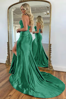 Load image into Gallery viewer, Sparkly Dark Green Mermaid Beaded Appliques Strapless Corset Long Prom Dress with Slit