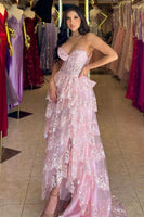 Load image into Gallery viewer, Sparkly Blush A-Line Strapless Corset Sequined Tiered Lace Long Prom Dress with Slit