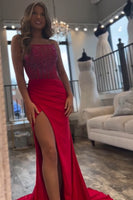 Load image into Gallery viewer, Sparkly Red Mermaid Strapless Corset Beaded Ruched Long Prom Dress with Slit