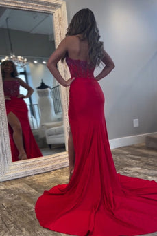 Sparkly Red Mermaid Strapless Corset Beaded Ruched Long Prom Dress with Slit
