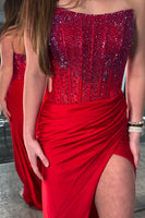 Load image into Gallery viewer, Sparkly Red Mermaid Strapless Corset Beaded Ruched Long Prom Dress with Slit