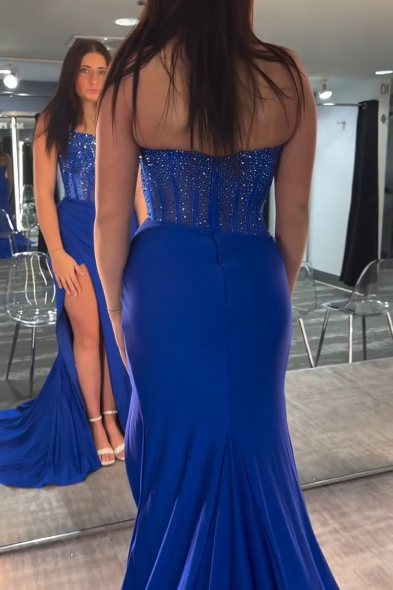 Load image into Gallery viewer, Sparkly Red Mermaid Strapless Corset Beaded Ruched Long Prom Dress with Slit