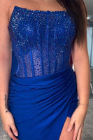 Load image into Gallery viewer, Sparkly Red Mermaid Strapless Corset Beaded Ruched Long Prom Dress with Slit