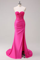 Load image into Gallery viewer, Sparkly Royal Blue Mermaid Strapless Corset Appliques Long Prom Dress with Slit
