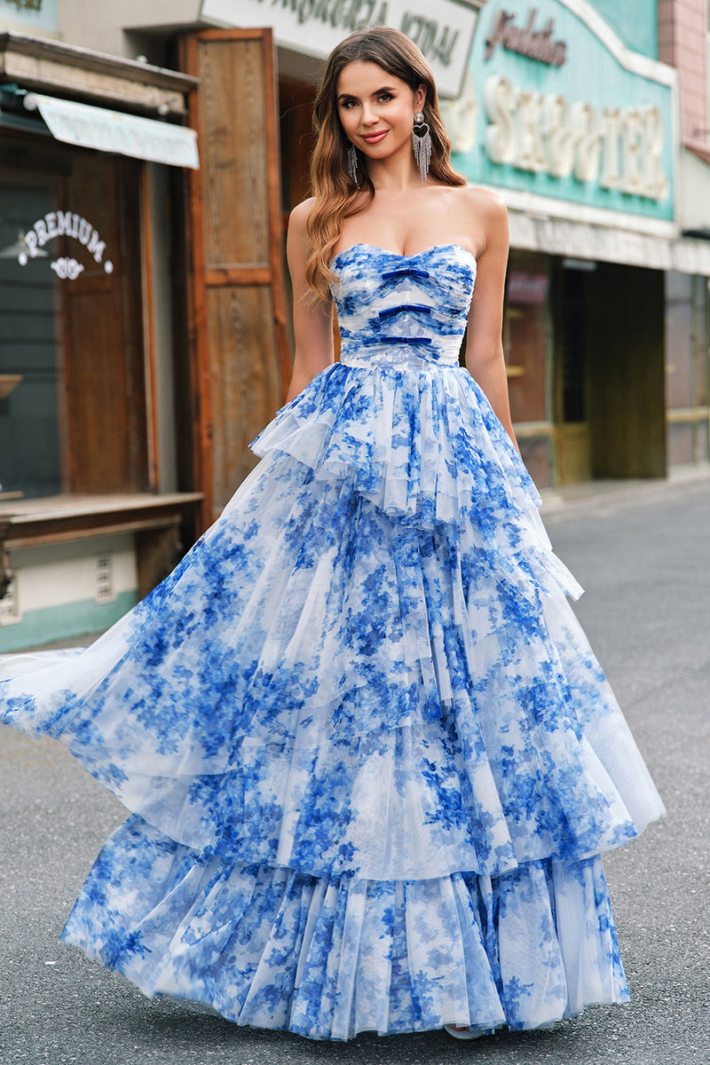 Queendancer Women White Blue Flower Long Prom Dress A-Line Strapless