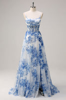 Load image into Gallery viewer, Women White Blue Flower Long Prom Dress A-Line Spaghetti Straps Corset Pageant Dress with Slit