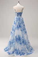 Load image into Gallery viewer, White Blue Flower Spaghetti Straps Ruched Corset Maxi Prom Dress With Slit