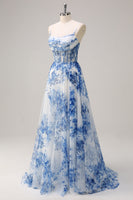 Load image into Gallery viewer, White Blue Flower Spaghetti Straps Ruched Corset Maxi Prom Dress With Slit