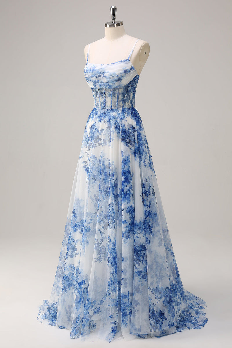 Queendancer Women White Blue Flower Long Prom Dress A-Line Spaghetti