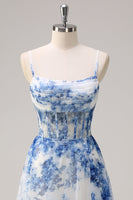 Load image into Gallery viewer, White Blue Flower Spaghetti Straps Ruched Corset Maxi Prom Dress With Slit