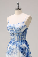Load image into Gallery viewer, White Blue Flower Spaghetti Straps Ruched Corset Maxi Prom Dress With Slit