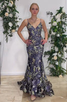Load image into Gallery viewer, Sparkly Navy V-Neck Embroidered Long Prom Dress with Lace Up