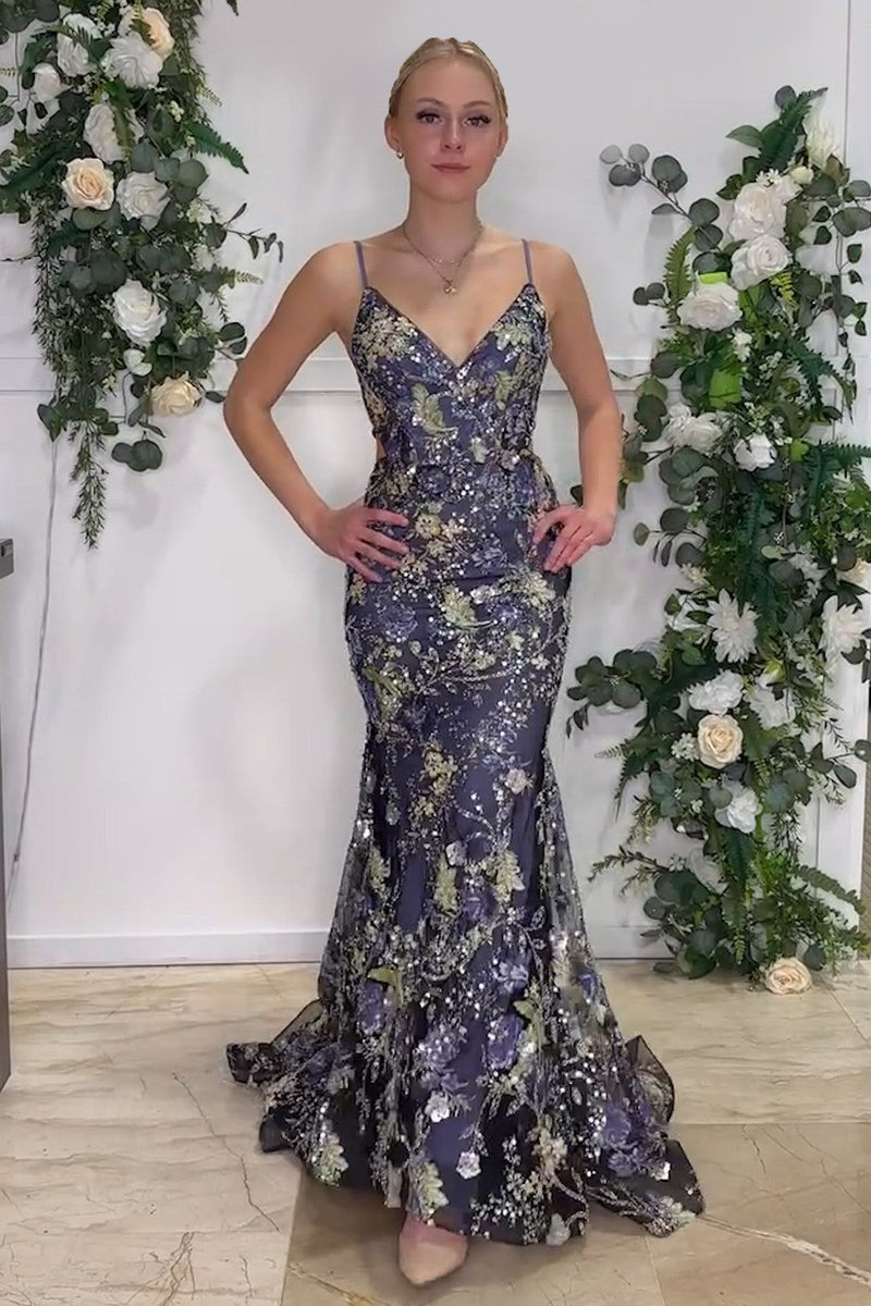Load image into Gallery viewer, Sparkly Navy V-Neck Embroidered Long Prom Dress with Lace Up