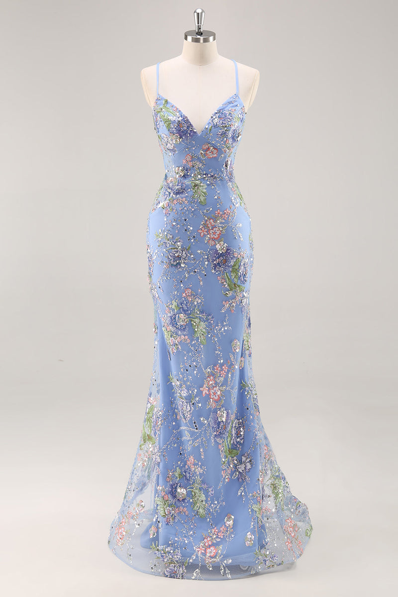 Load image into Gallery viewer, Sparkly Blue Floral Beaded Mermaid Long Prom Dress with Sequins