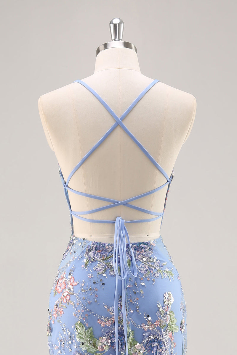 Load image into Gallery viewer, Sparkly Blue Floral Beaded Mermaid Long Prom Dress with Sequins