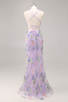 Sparkly Lilac Beaded Floral Mermaid Long Prom Dress with Sequins