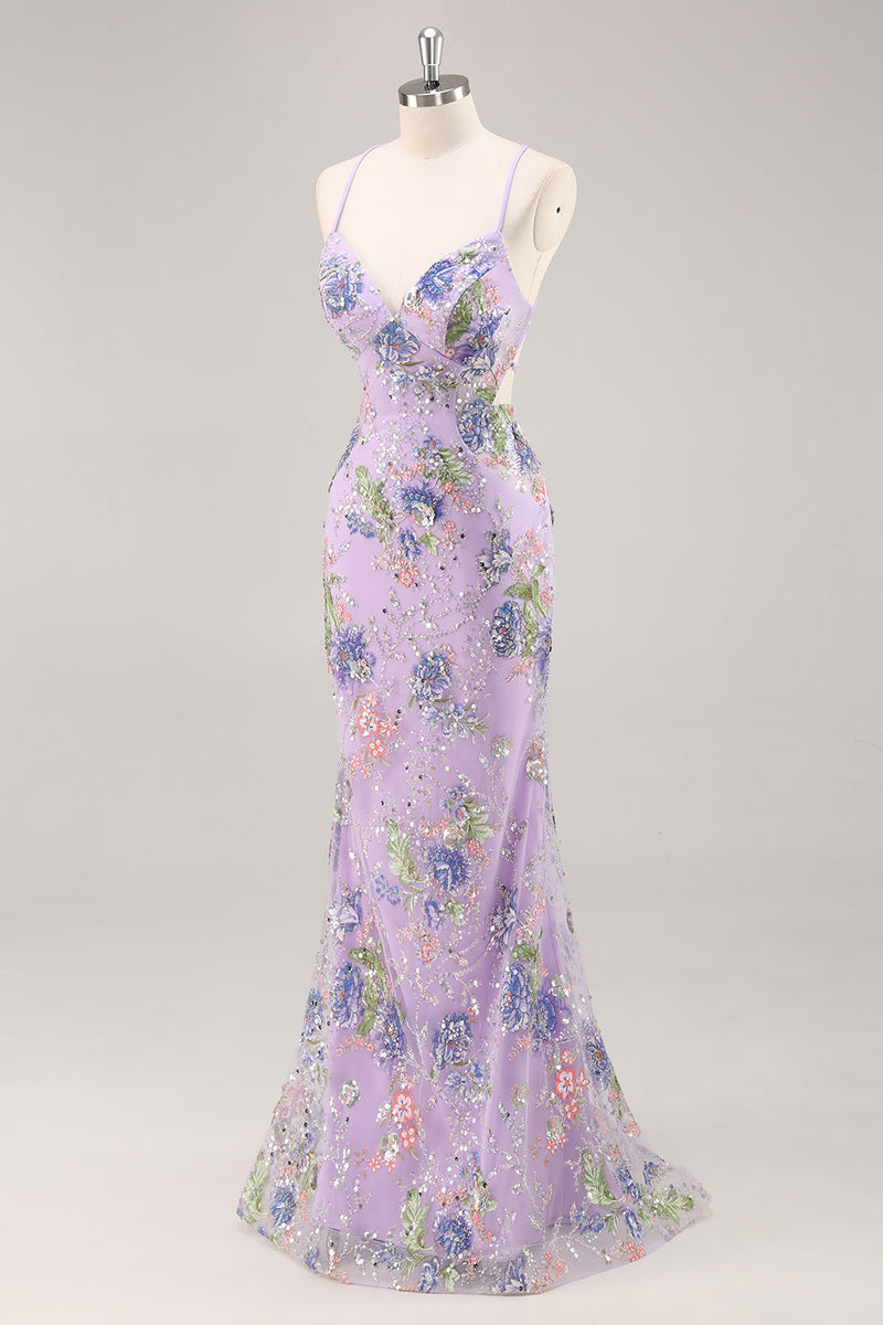 Load image into Gallery viewer, Sparkly Blue Floral Beaded Mermaid Long Prom Dress with Sequins
