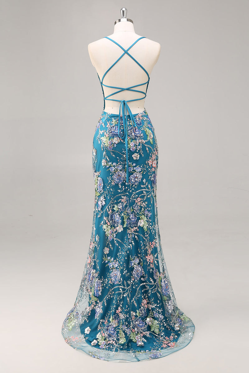 Load image into Gallery viewer, Sparkly Blue Floral Beaded Mermaid Long Prom Dress with Sequins