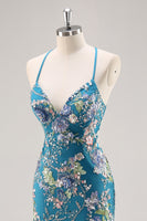 Load image into Gallery viewer, Sparkly Blue Floral Beaded Mermaid Long Prom Dress with Sequins