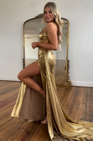 Load image into Gallery viewer, Metallic Gold Mermaid Strapless Corset Ruched Long Prom Dress with Slit
