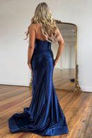 Load image into Gallery viewer, Navy Mermaid Halter Corset Ruched Satin Long Prom Dress with Slit