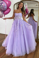 Load image into Gallery viewer, Women Sparkly Lilac Long Prom Dress A-Line Strapless Tulle Corset Evening Dress with Appliques