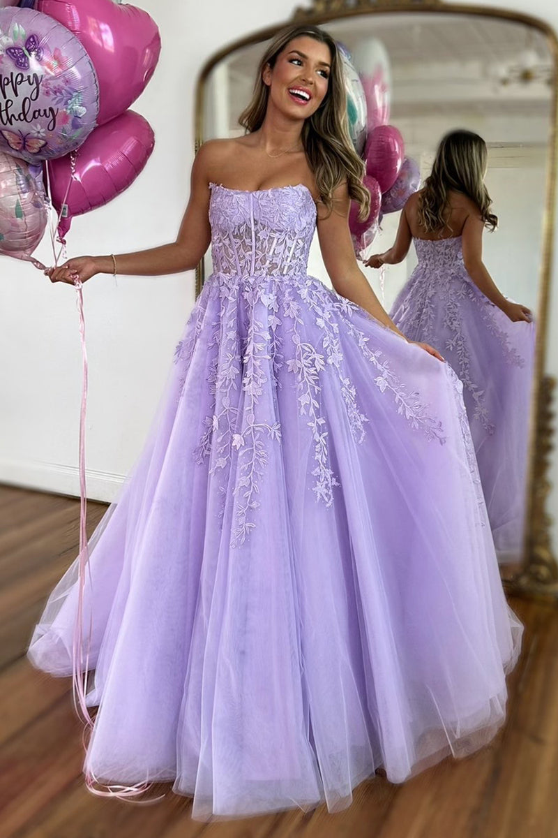 Load image into Gallery viewer, Women Sparkly Lilac Long Prom Dress A-Line Strapless Tulle Corset Evening Dress with Appliques