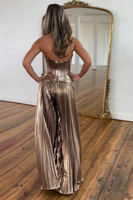 Load image into Gallery viewer, Metallic Rose Gold A-Line Strapless Corset Ruched Long Prom Dress with Slit