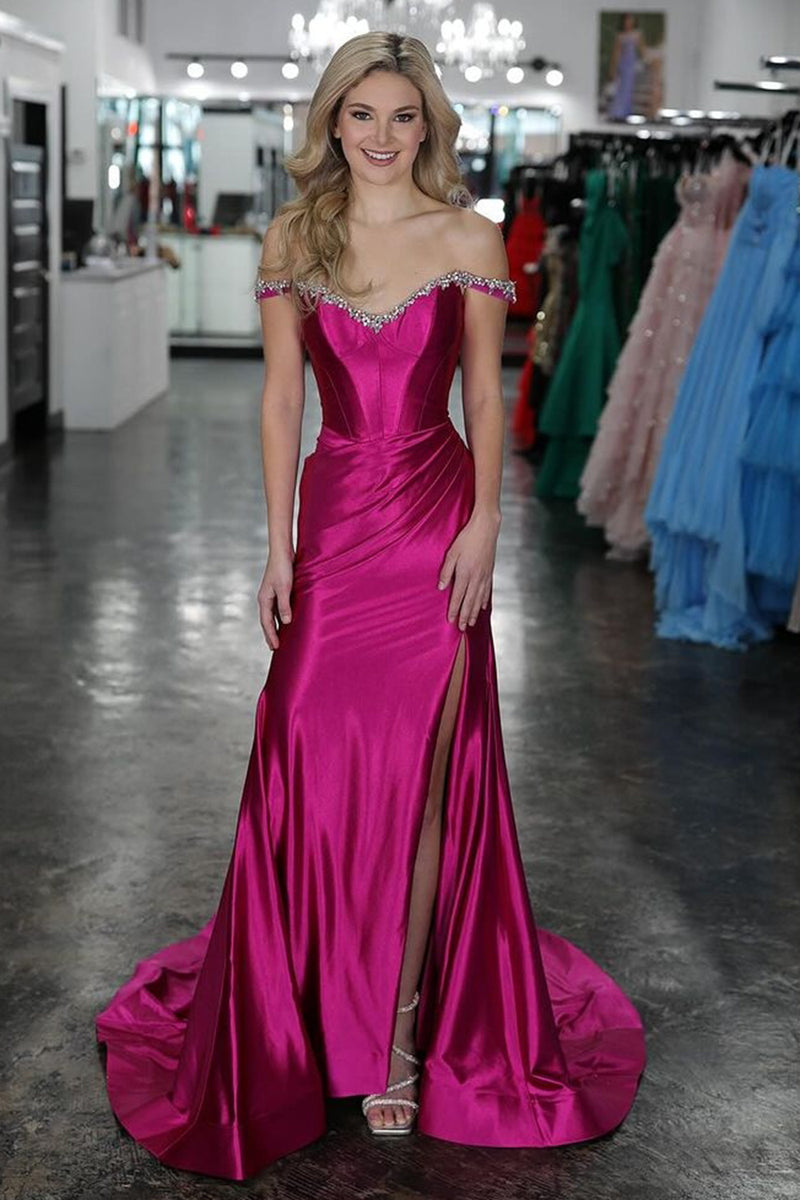 Load image into Gallery viewer, Sparkly Silver Mermaid Off the Shoulder Beaded Satin Corset Long Prom Dress with Slit